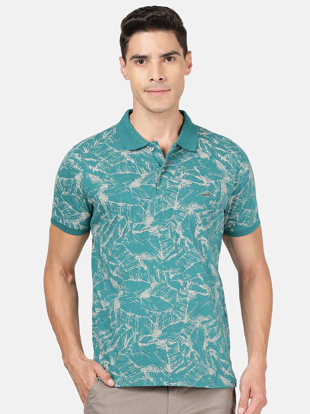 

Crocodile Men Green & teal Floral Printed Polo Collar Tropical Slim Fit T-shirt