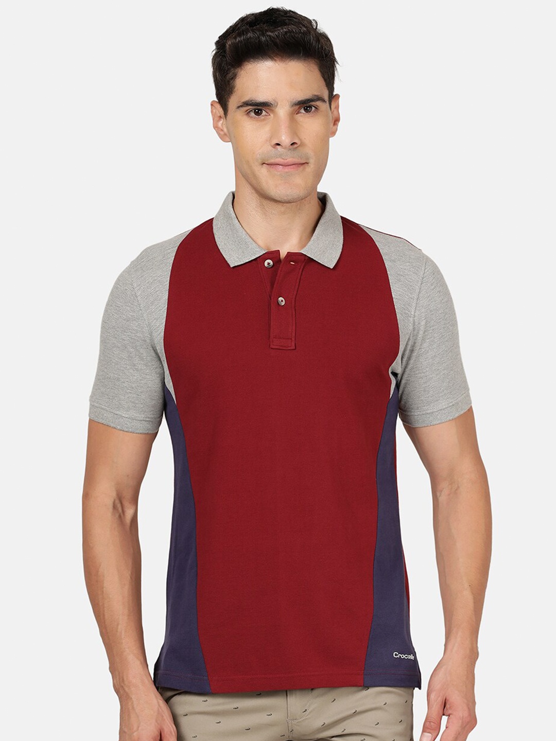 

Crocodile Men Maroon & antique ruby Polo Collar Applique Slim Fit T-shirt