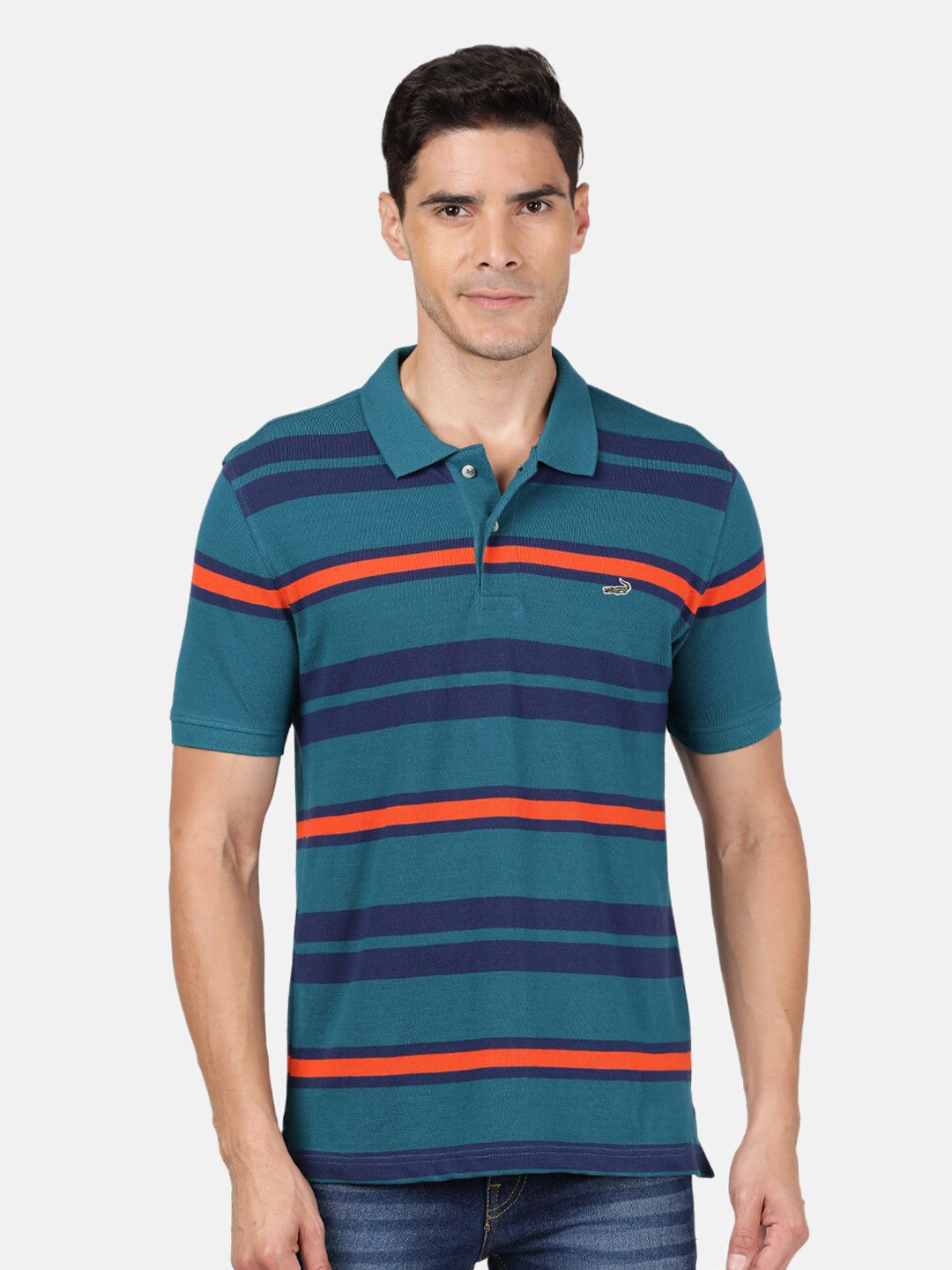 

Crocodile Men Green Striped Polo Collar Slim Fit T-shirt