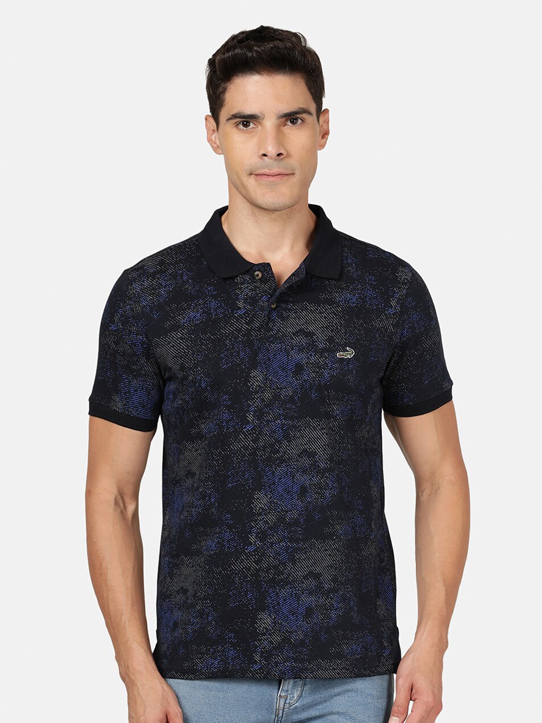 

Crocodile Men Navy Blue Printed Polo Collar Applique Slim Fit T-shirt