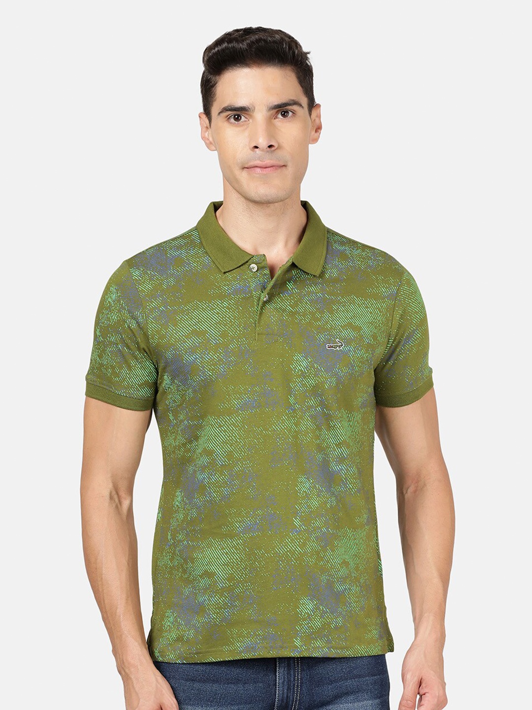 

Crocodile Men Green Floral Printed Polo Collar Slim Fit T-shirt