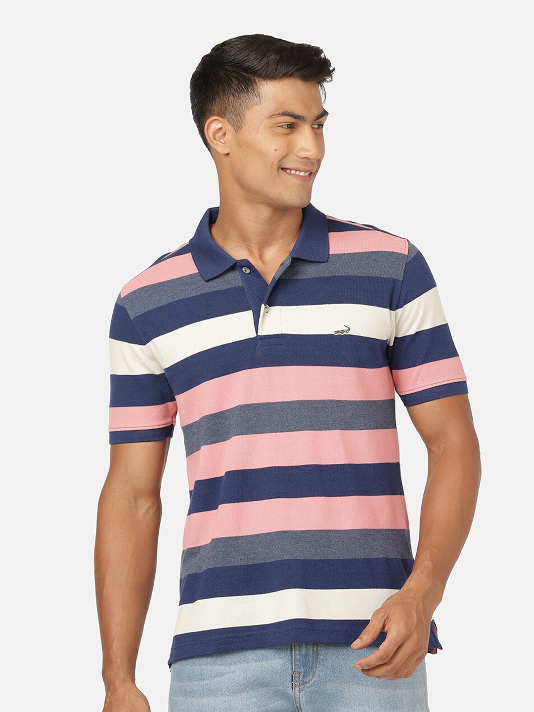 

Crocodile Men Navy Blue Striped Polo Collar Slim Fit T-shirt