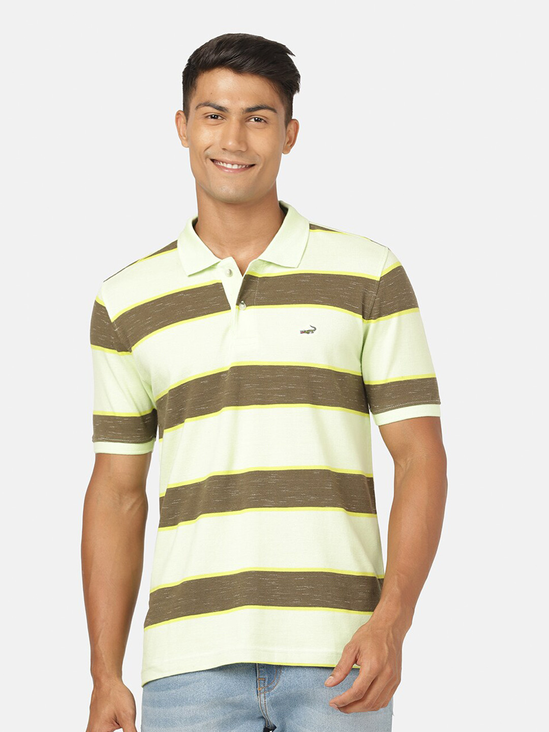 

Crocodile Men Green Striped Polo Collar Slim Fit T-shirt