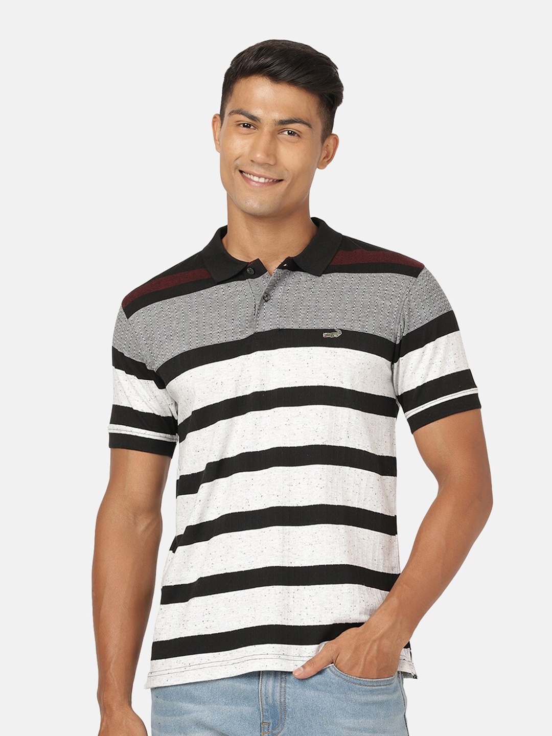 

Crocodile Men Black Striped Polo Collar Slim Fit T-shirt