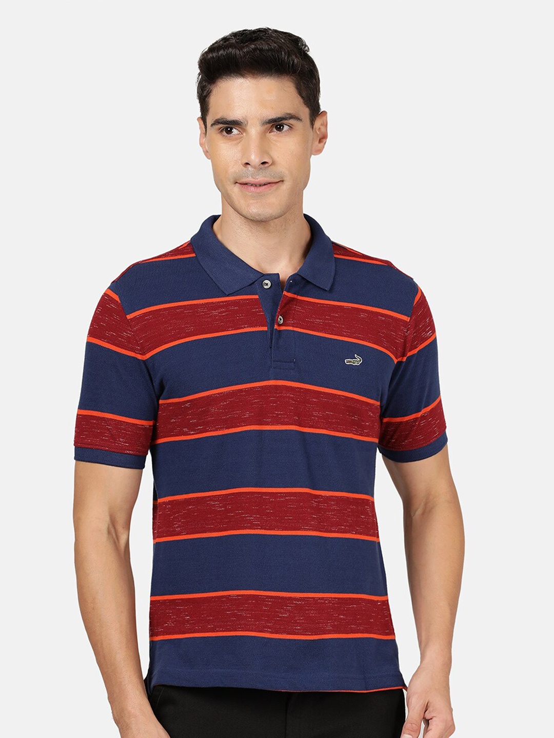 

Crocodile Men Navy Blue Striped Polo Collar Slim Fit T-shirt
