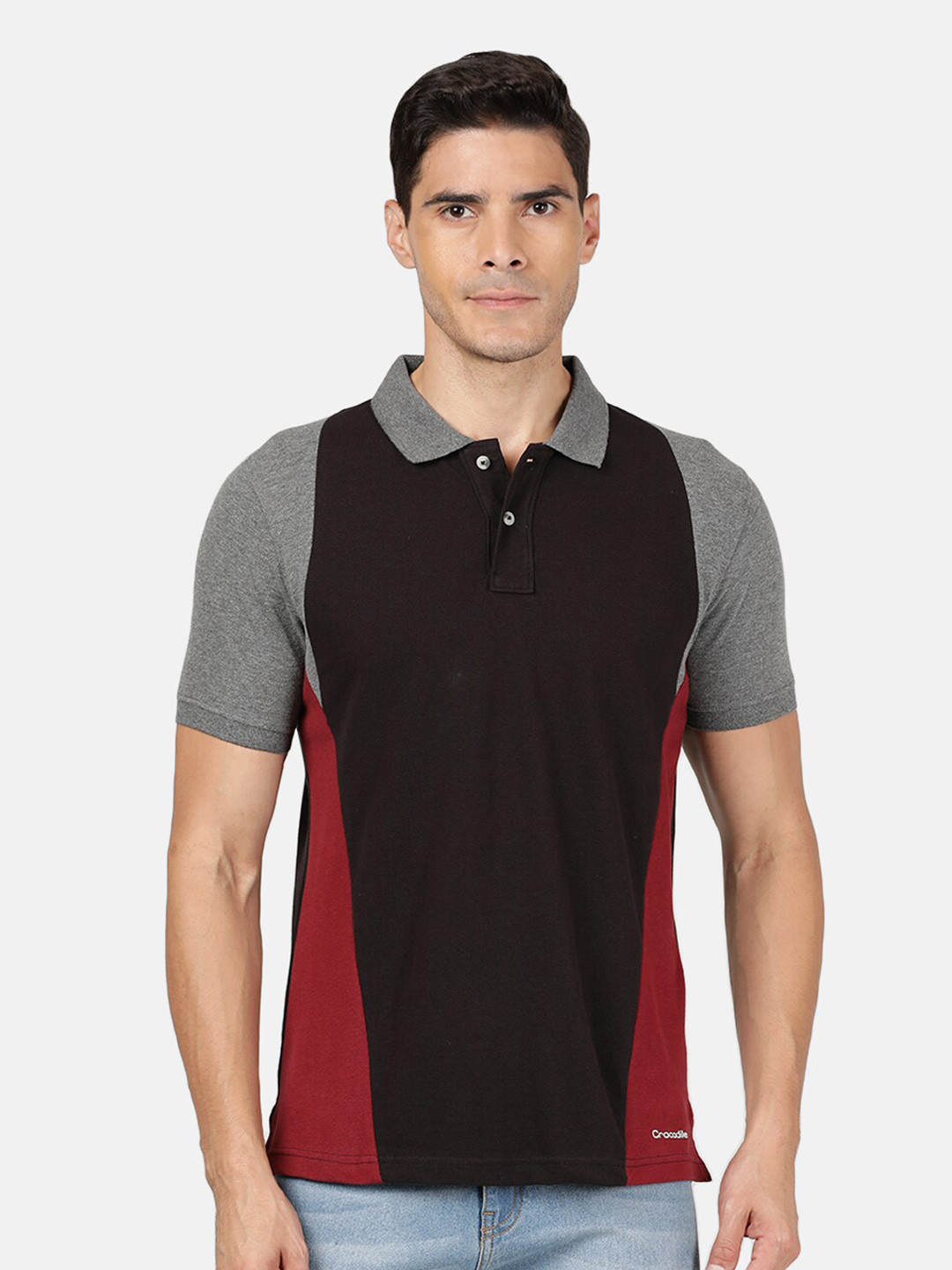 

Crocodile Men Black Polo Collar Applique Slim Fit T-shirt