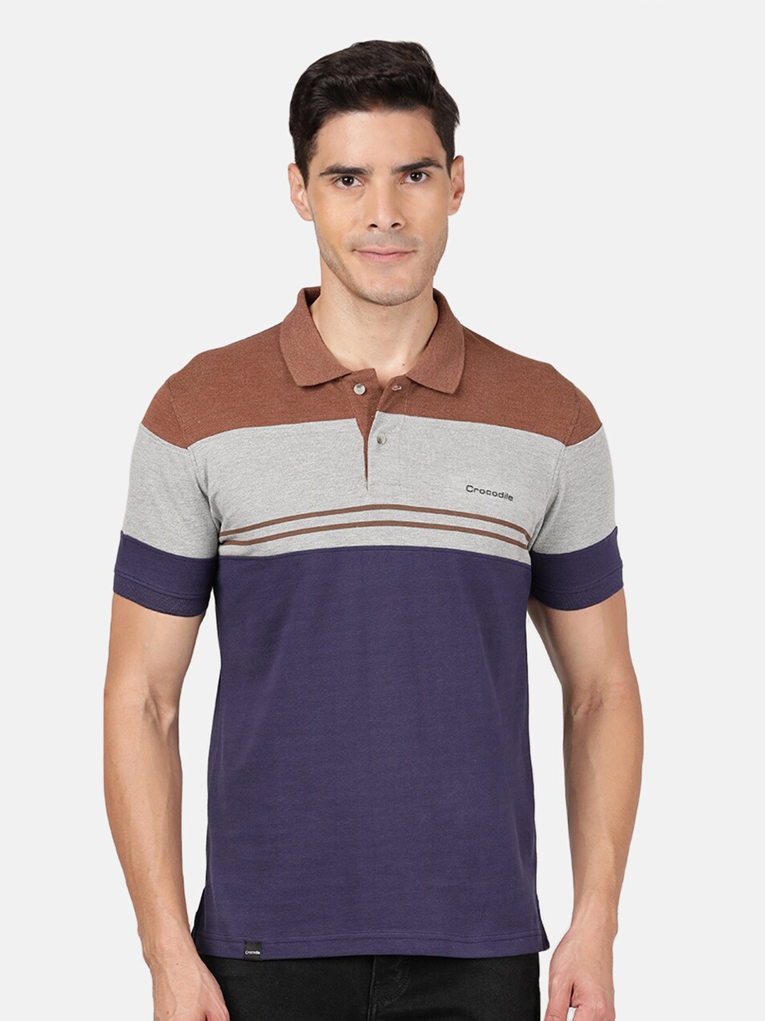 

Crocodile Men Navy Blue Striped Polo Collar Applique Slim Fit T-shirt