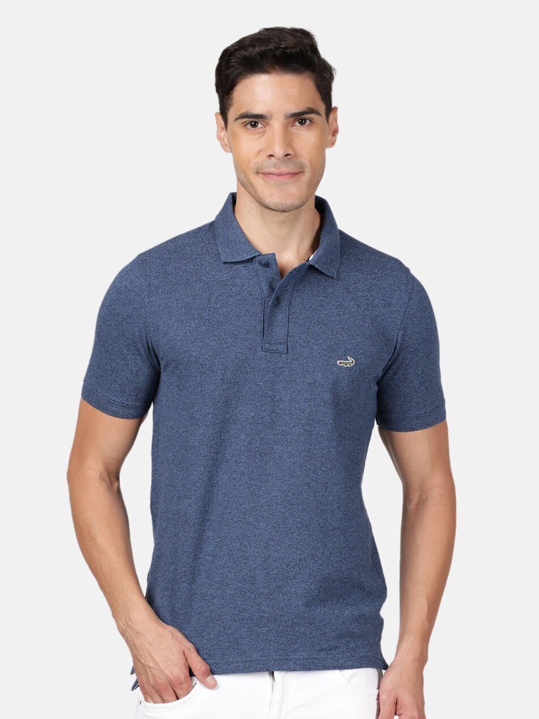 

Crocodile Men Navy Blue Polo Collar Applique Slim Fit T-shirt