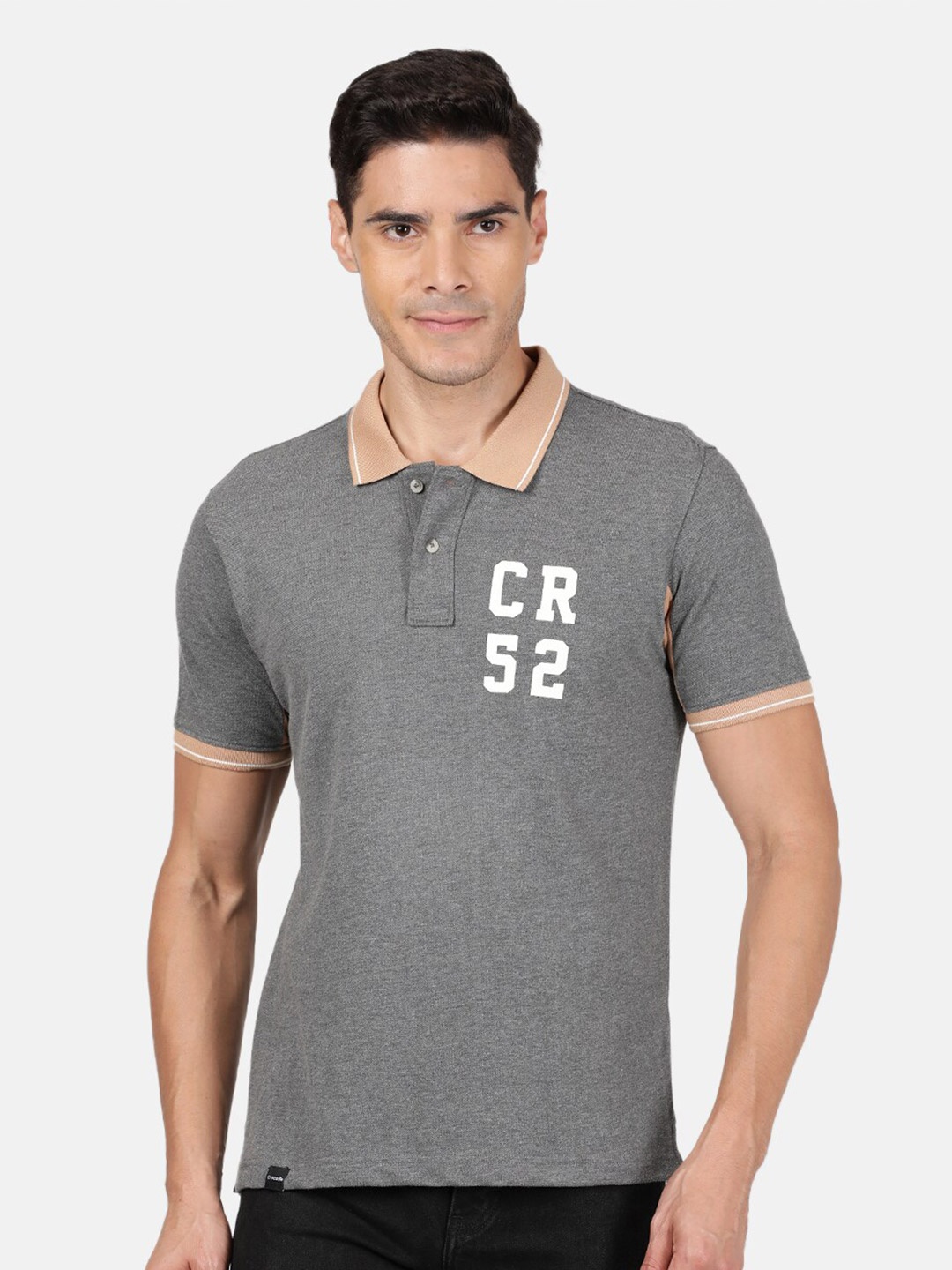 

Crocodile Men Grey Typography Polo Collar Applique Slim Fit T-shirt