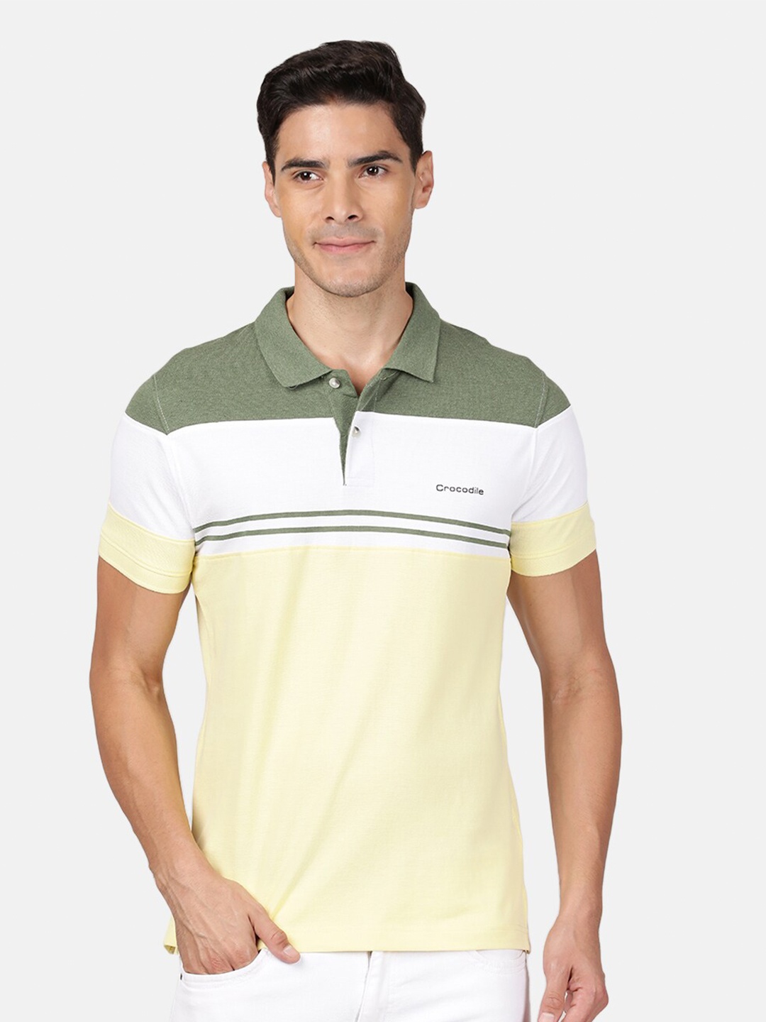 

Crocodile Men Yellow Striped Polo Collar Slim Fit T-shirt