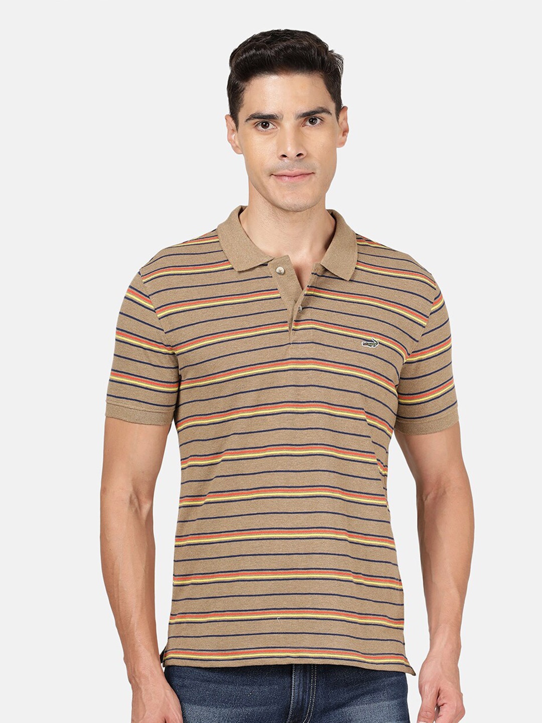 

Crocodile Men Brown Striped Polo Collar Slim Fit T-shirt