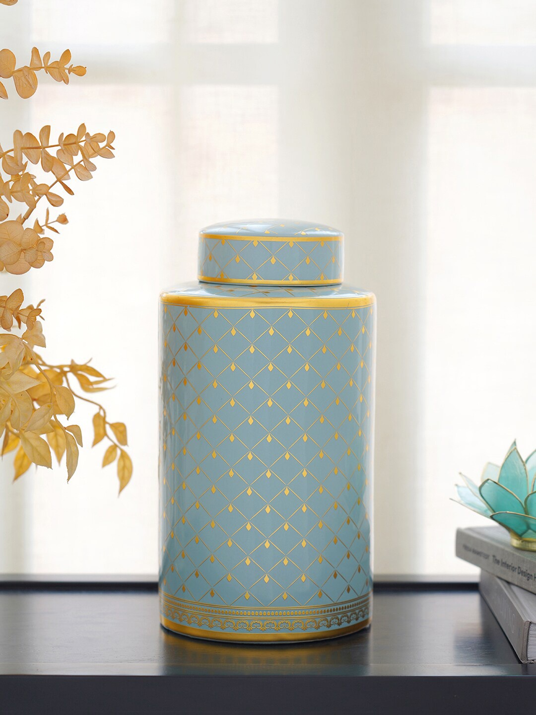 

Pure Home and Living Blue Printed Ceramic Handi With Lid