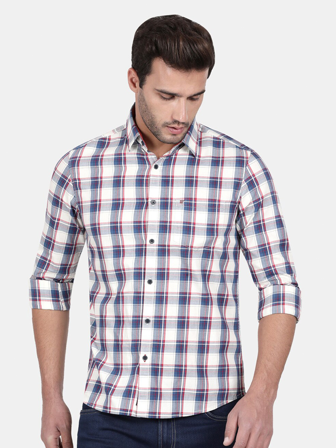 

t-base Men Blue Standard Tartan Checks Checked Casual Shirt
