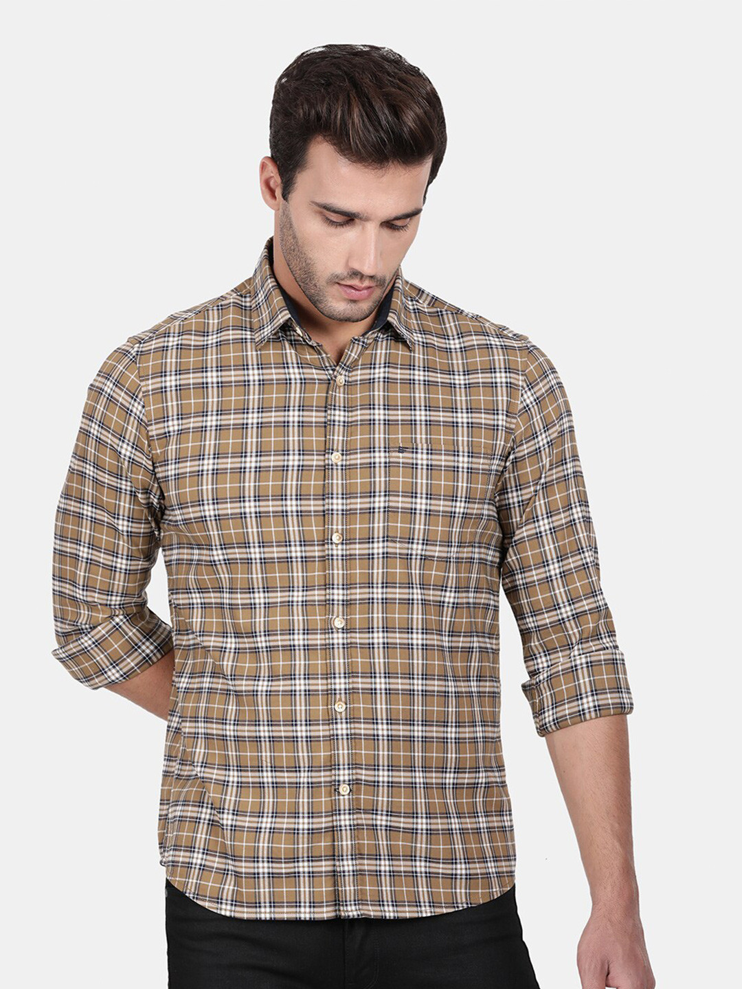 

t-base Men Brown Standard Tartan Checks Checked Casual Shirt