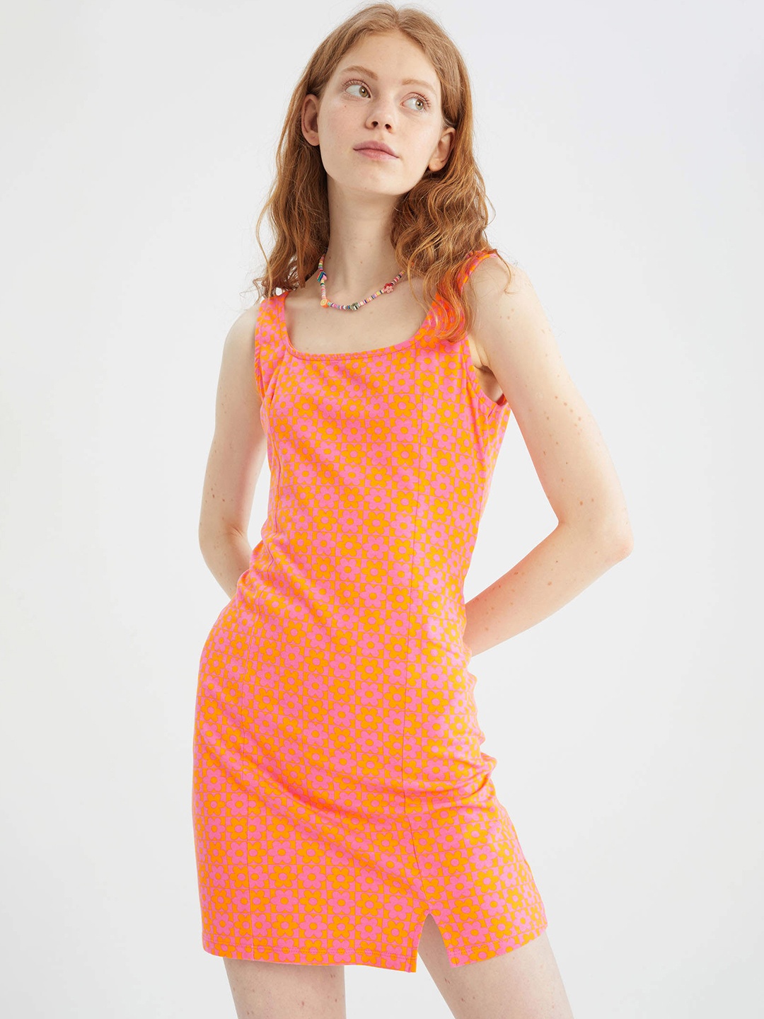 

DeFacto Orange & Purple Floral Print Sheath Dress