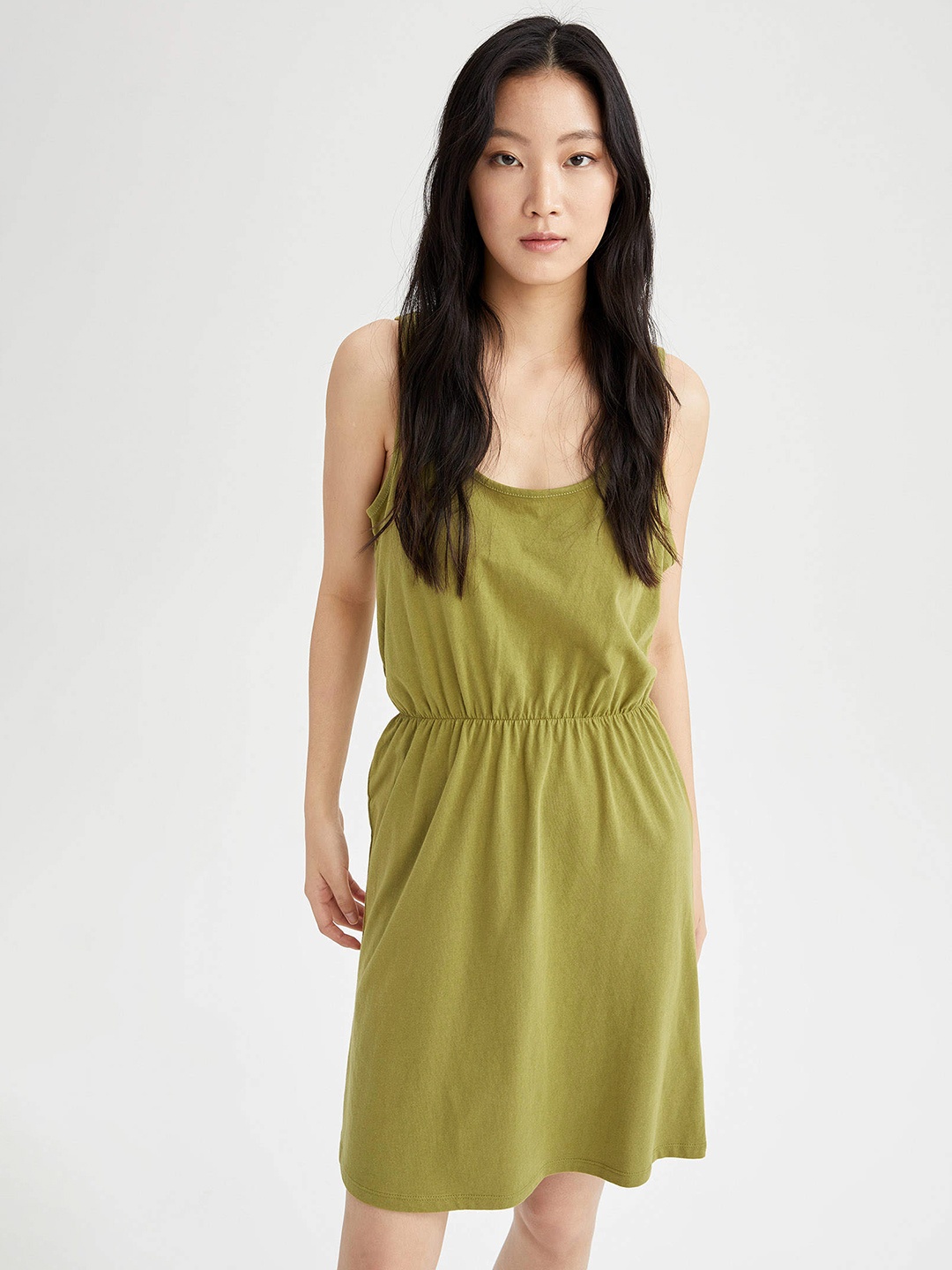 

DeFacto Olive Green Solid Round Neck A-Line Dress`