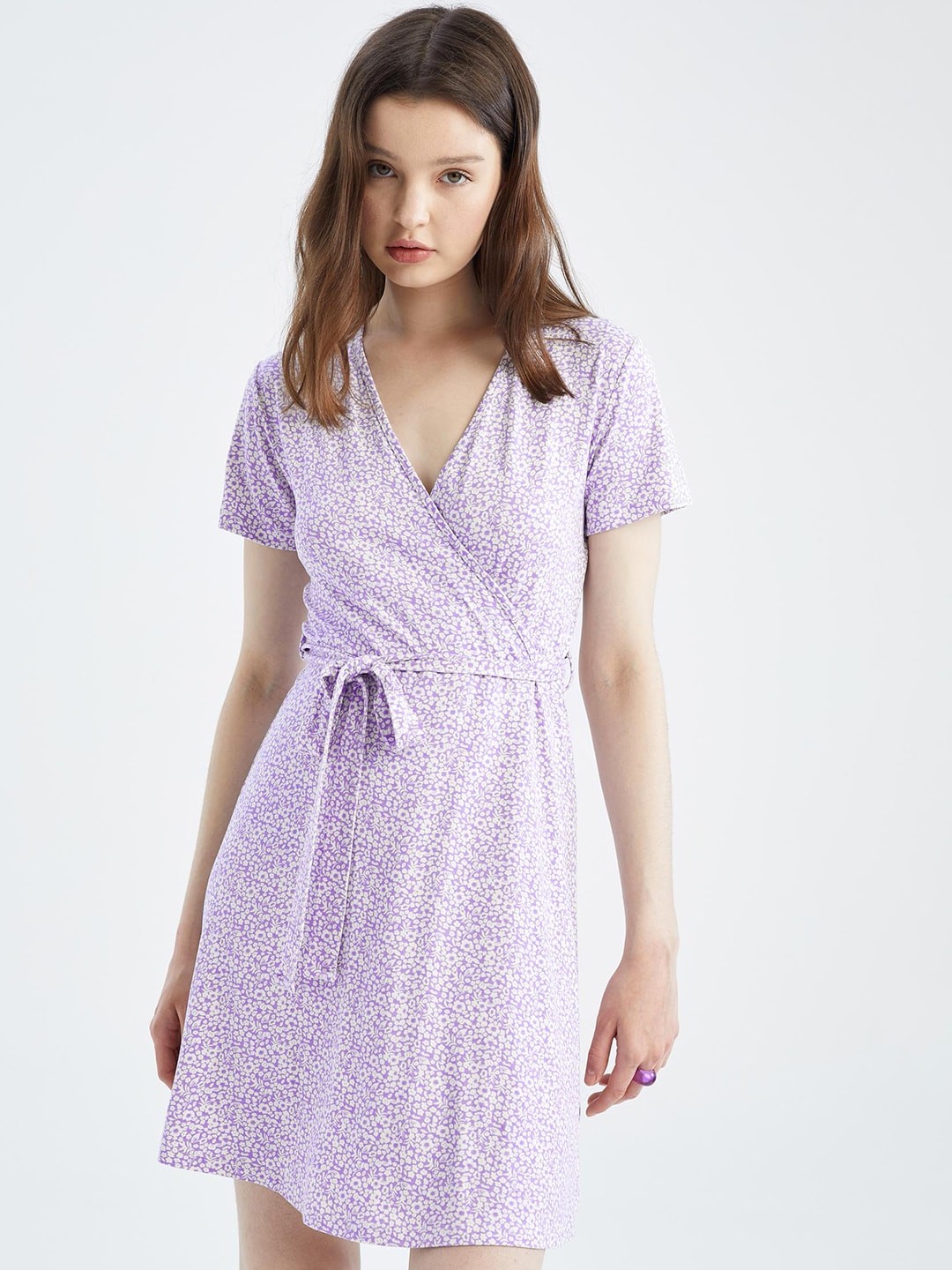 

DeFacto Purple & Off White Abstract Print A-Line Dress