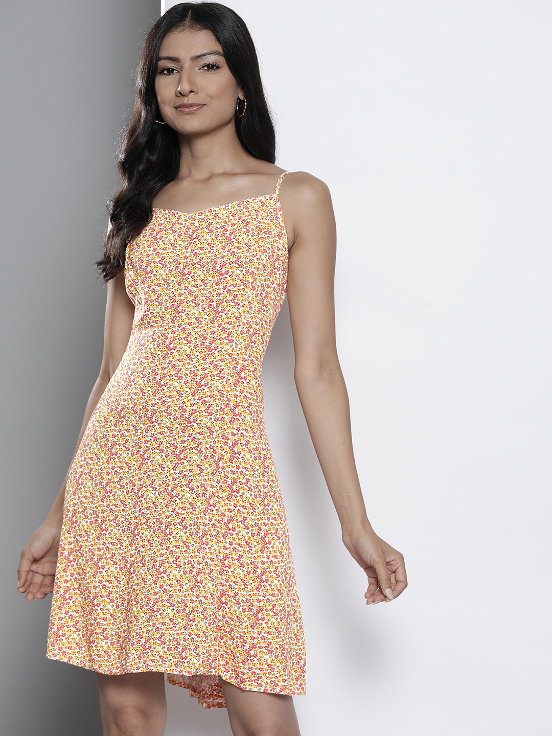 

DeFacto Women White & Yellow Floral A-Line Dress