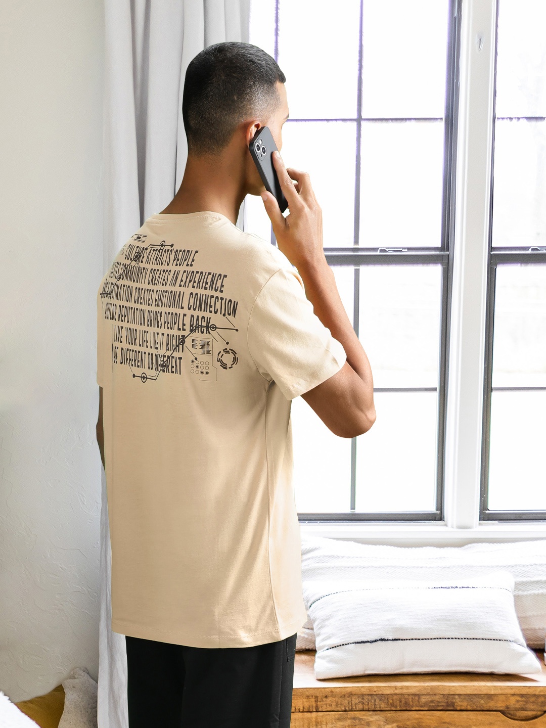 

DeFacto Men Beige & Black Printed Pure Cotton T-shirt