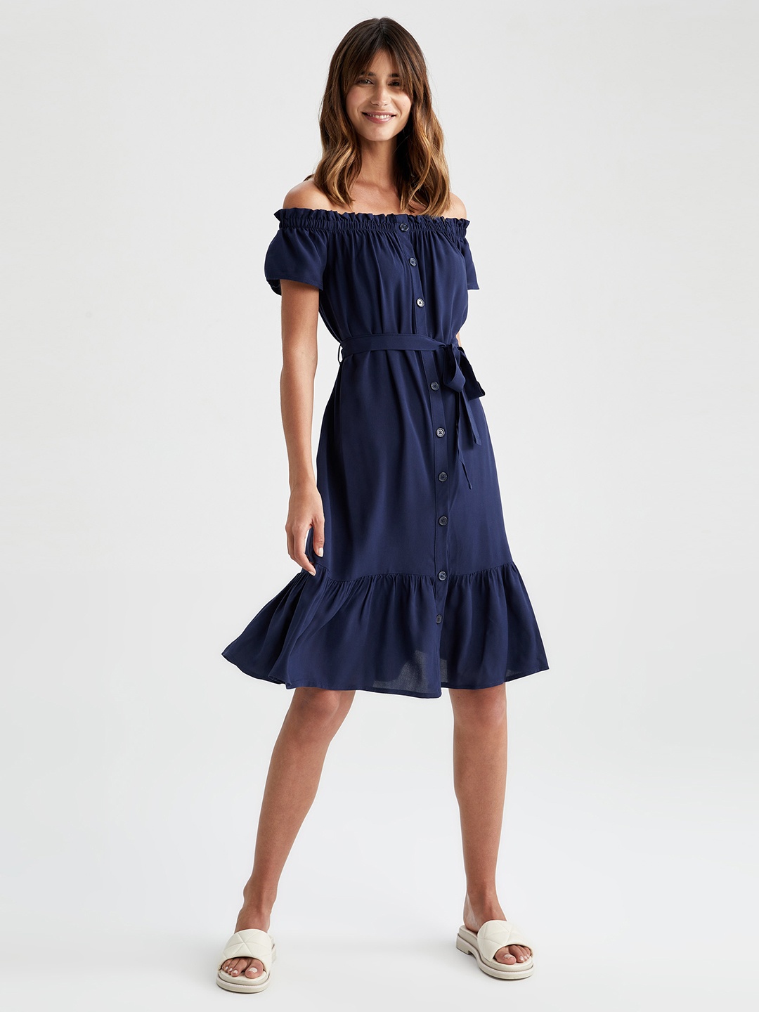 

DeFacto Navy Blue Off-Shoulder A-Line Dress