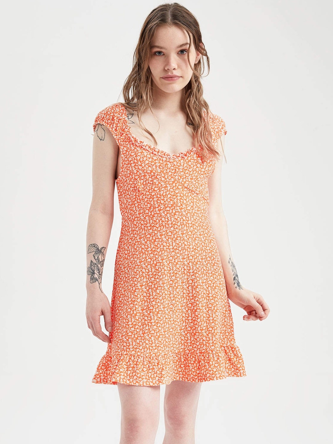 

DeFacto Orange & White Floral A-Line Dress