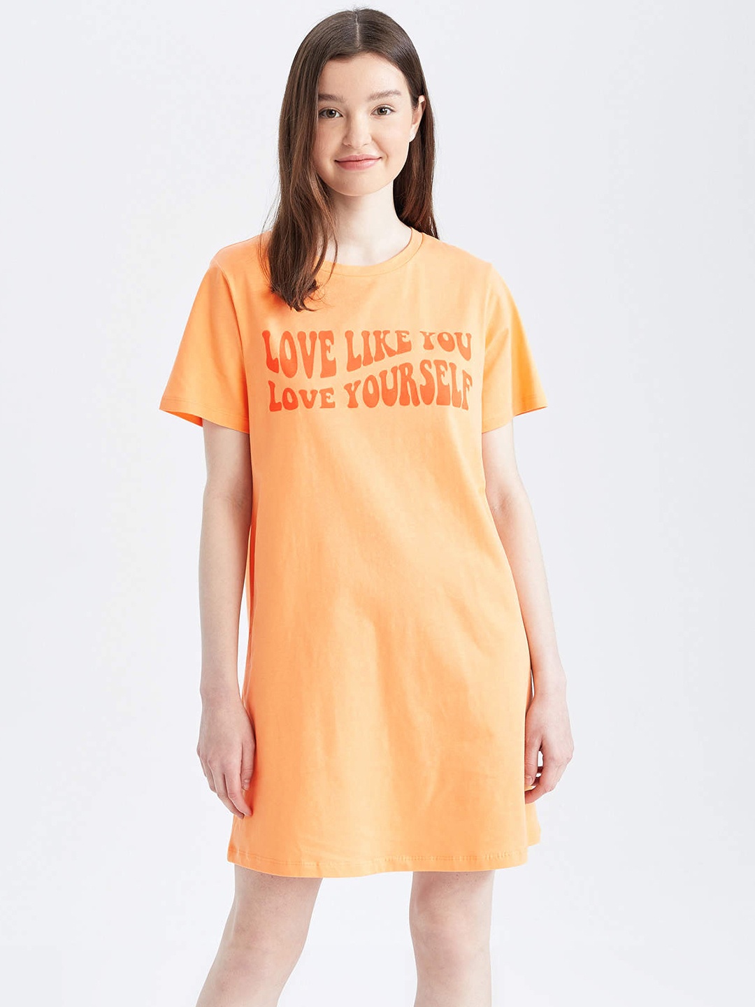 

DeFacto Coral Orange Typography T-shirt Dress