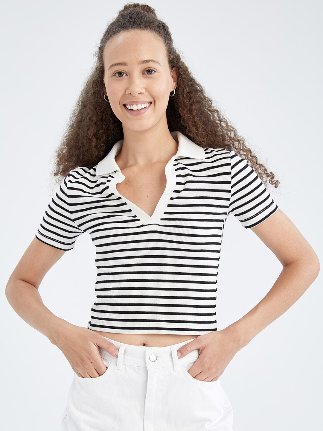 

DeFacto Women White & Black Striped T-shirt
