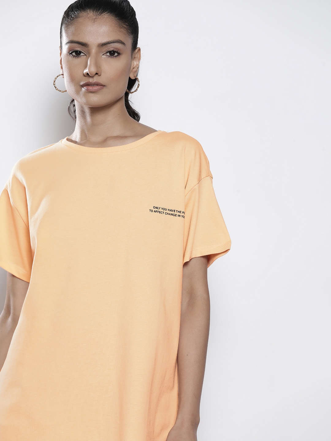 

DeFacto Women Peach-Coloured Solid Pure Cotton Oversized T-shirt