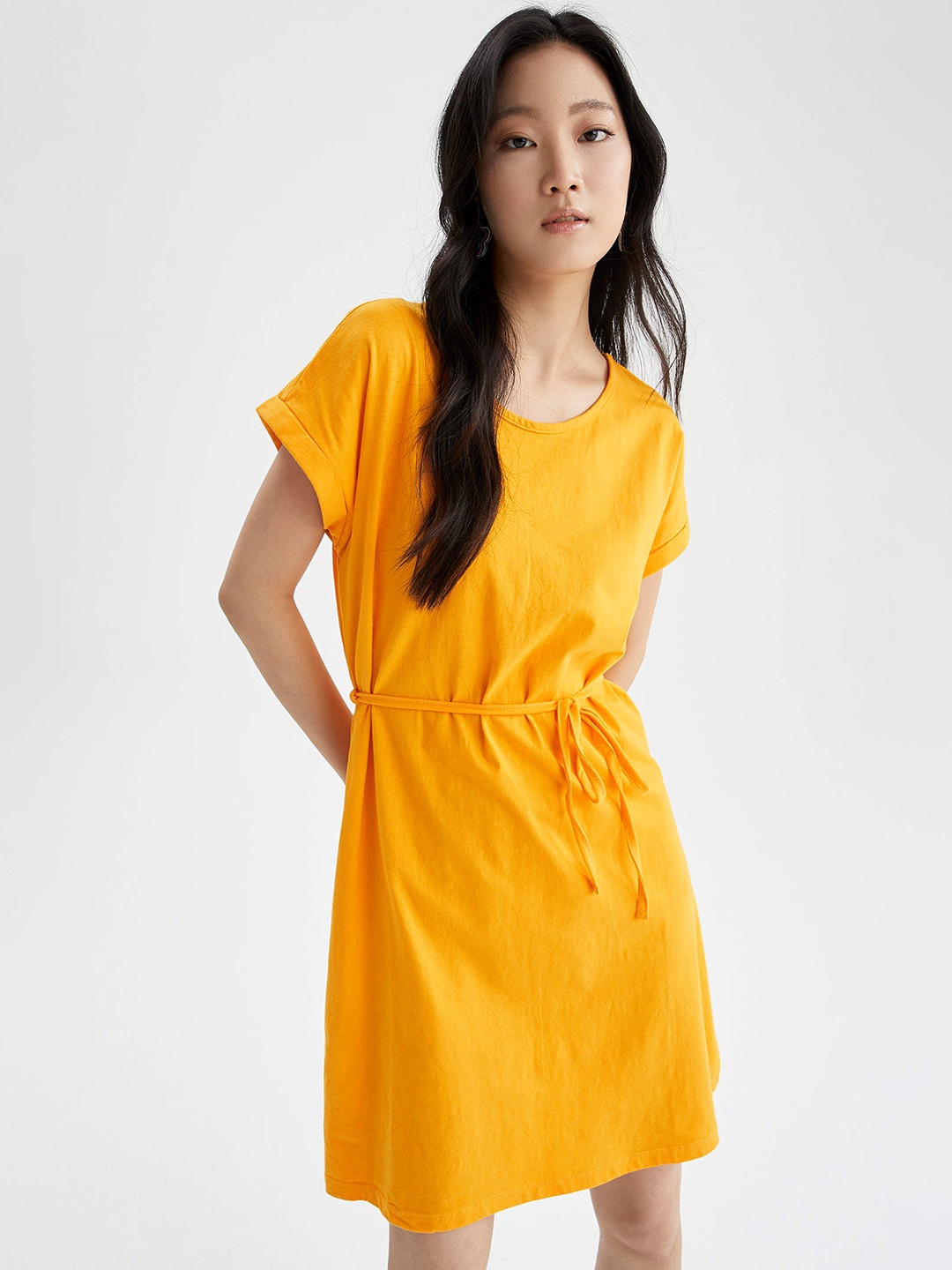 

DeFacto Mustard Yellow Solid Round Neck A-Line Dress`