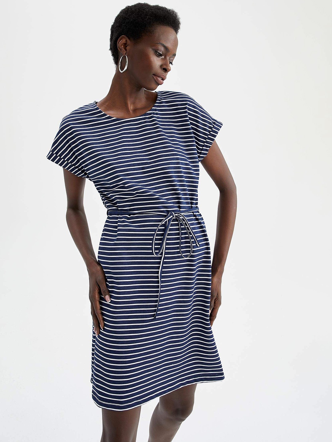 

DeFacto Navy Blue & White Striped A-Line Dress
