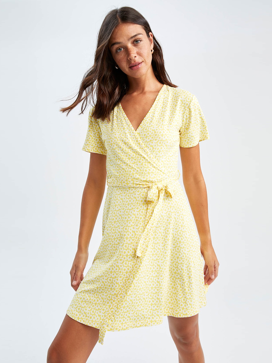 

DeFacto Yellow & White Floral Print Wrap Dress with Belt