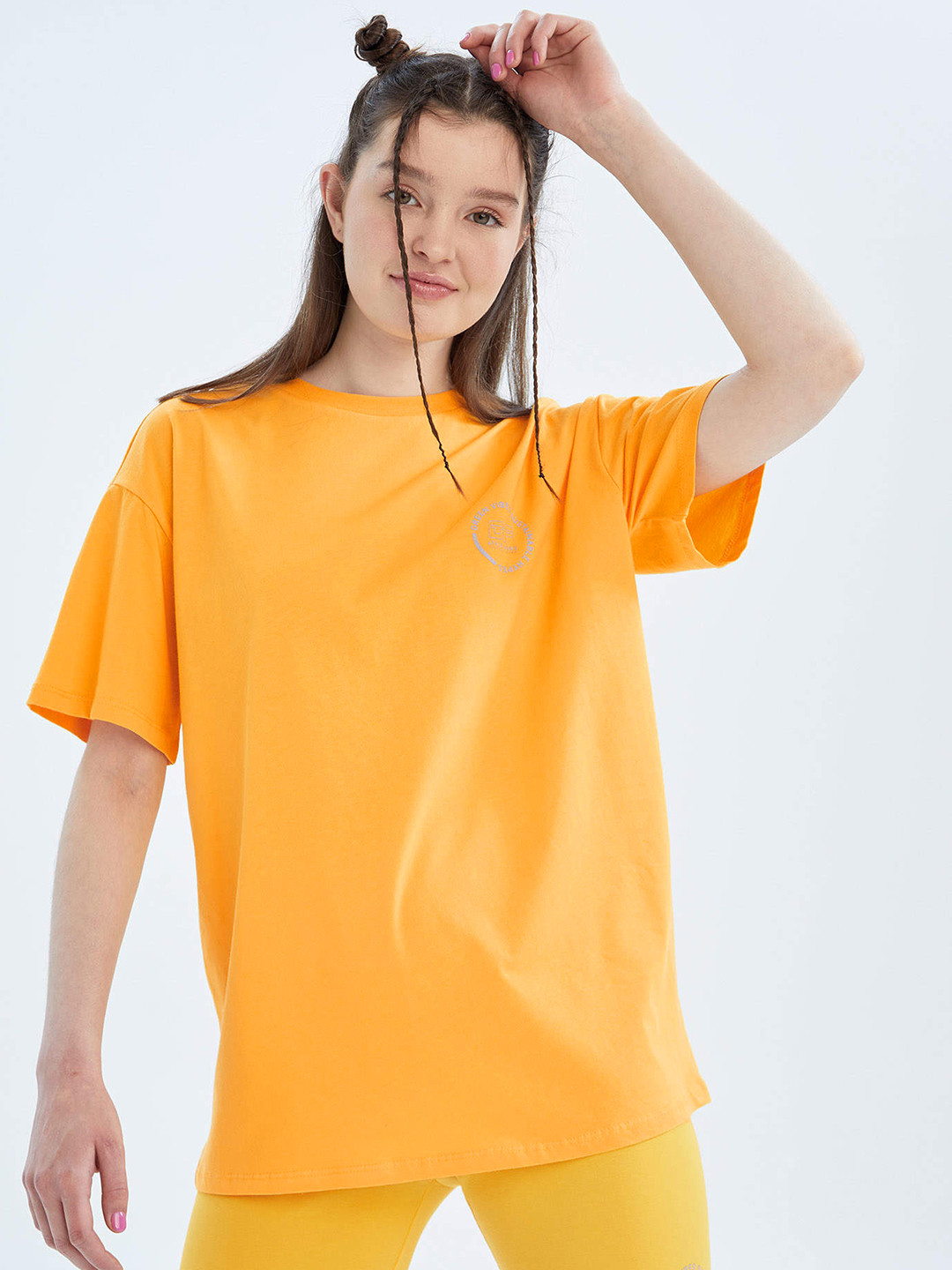 

DeFacto Women Mustard Yellow Typography Printed Pure Cotton Oversize Fit T-shirt