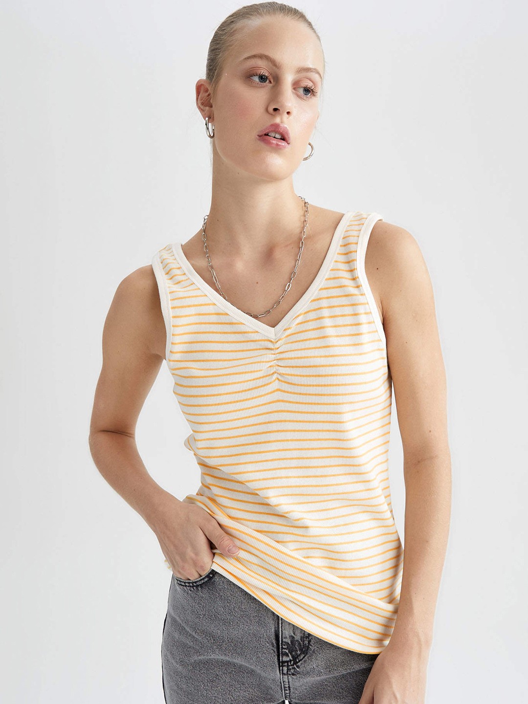 

DeFacto Off White & Yellow Striped Top