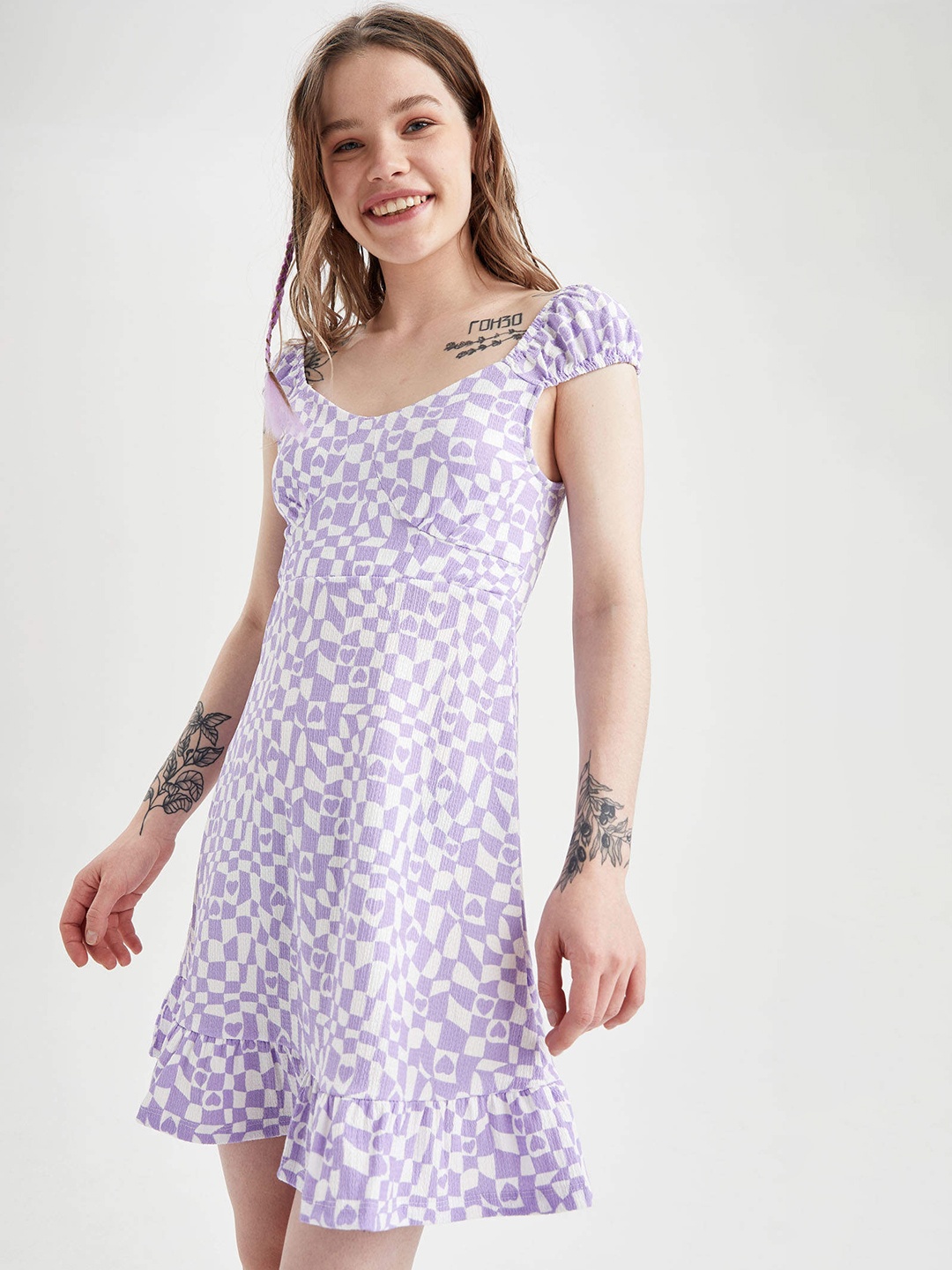 

DeFacto Lavender & Off White Printed A-Line Dress