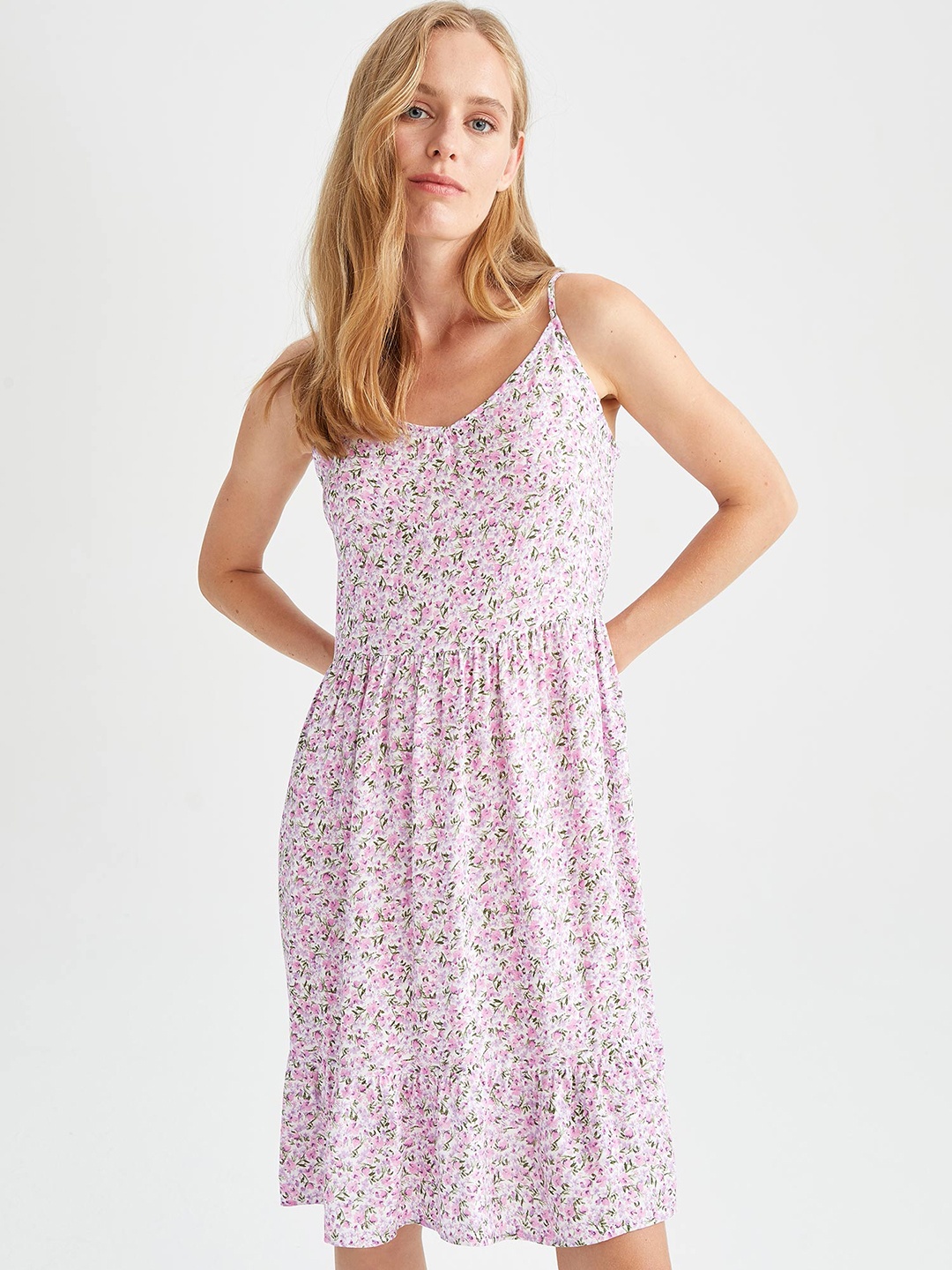 

DeFacto Lavender & Off White Floral Print A-Line Dress