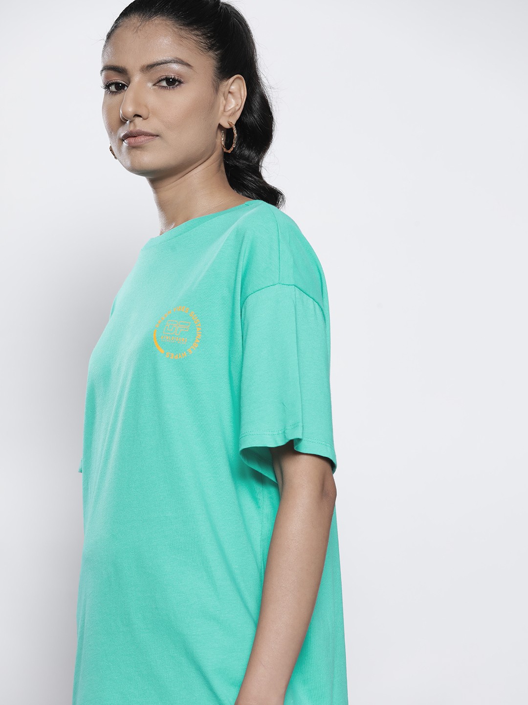 

DeFacto Women Sea Green Solid Pure Cotton Oversized T-shirt