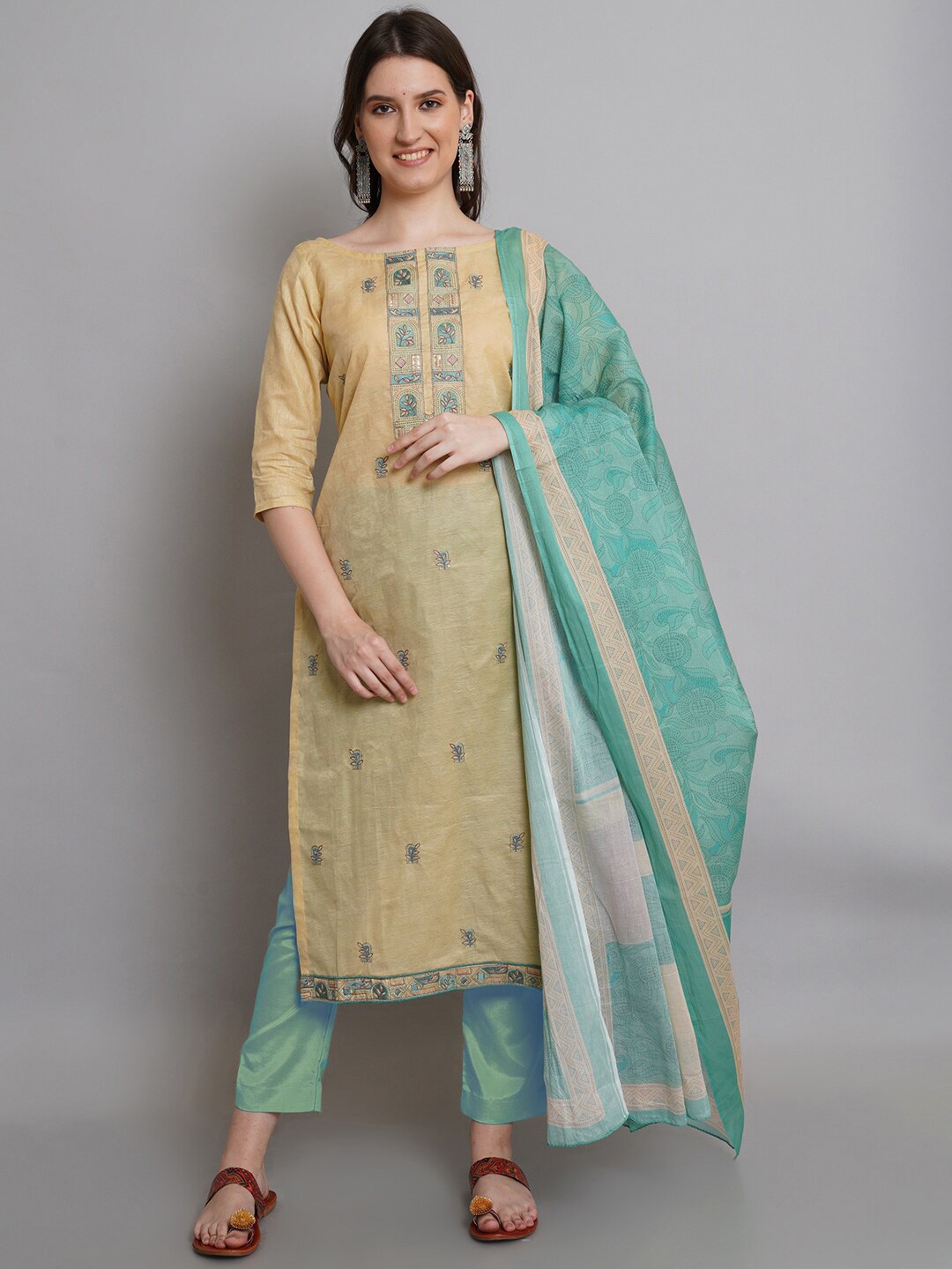 

Stylee LIFESTYLE Beige & Green Unstitched Dress Material