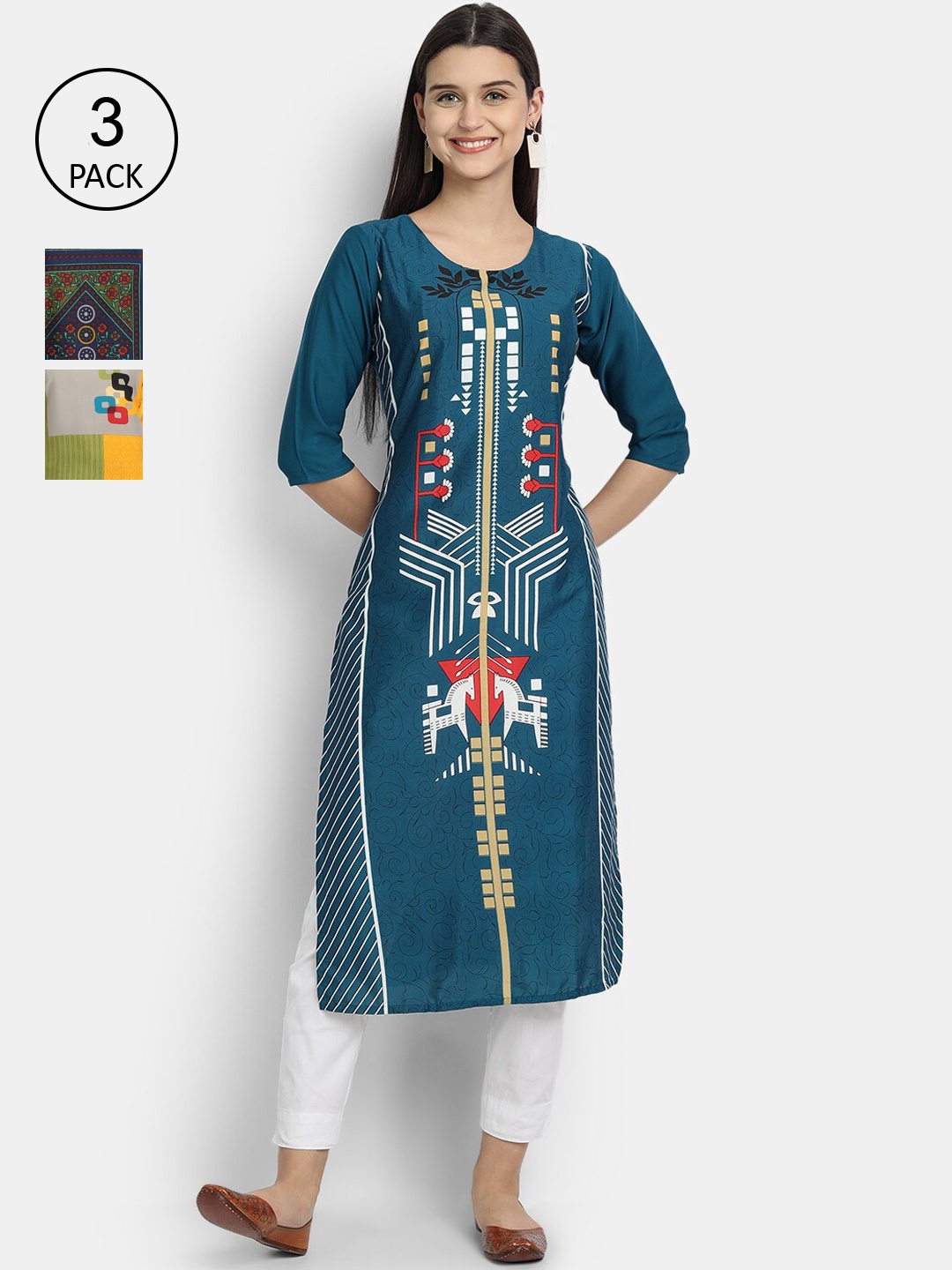 

7Threads Women Multicoloured & ink blue Colourblocked Thread Work Crepe Kurta, Multi