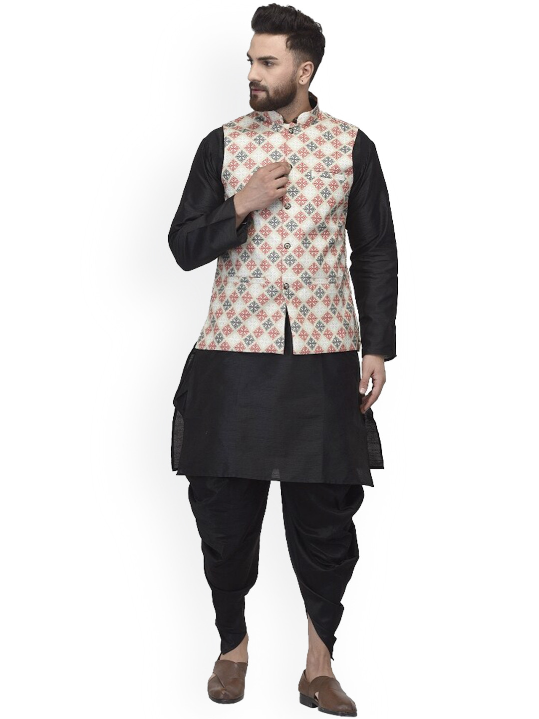 

Benstoke Men Black Floral Layered Kurta with Dhoti Pants