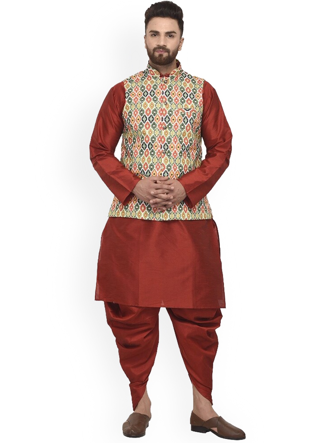 

Benstoke Men Maroon Floral Kurta with Dhoti Pants