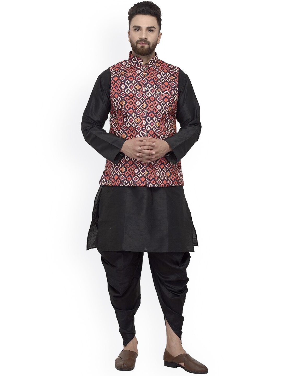 

Benstoke Men Black Floral Kurta with Dhoti Pants