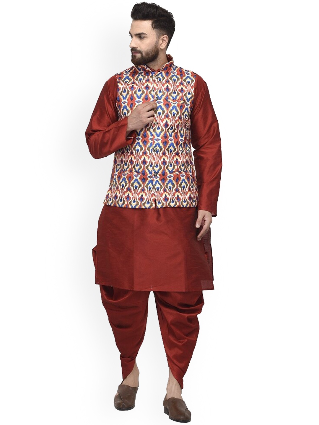 

Benstoke Men Maroon Floral Kurta with Dhoti Pants