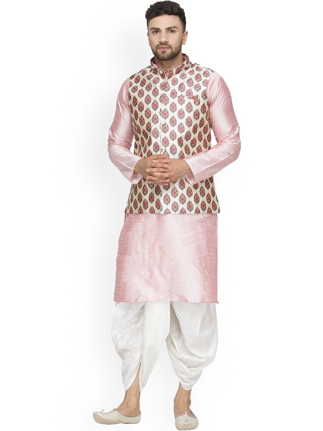 

Benstoke Men Pink Paisley Printed Angrakha Kurta with Dhoti Pants