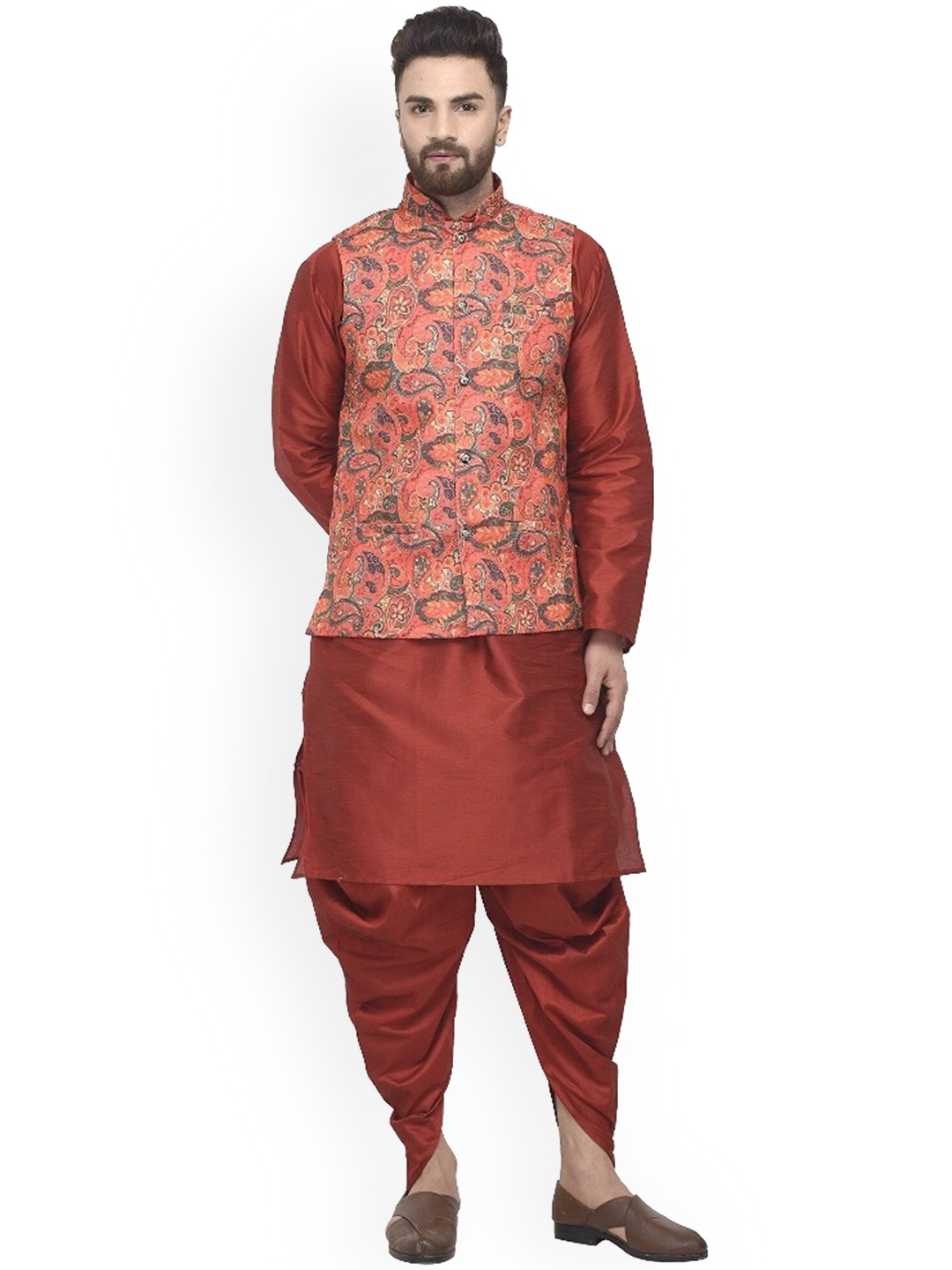

Benstoke Men Maroon Floral Kurta with Dhoti Pants