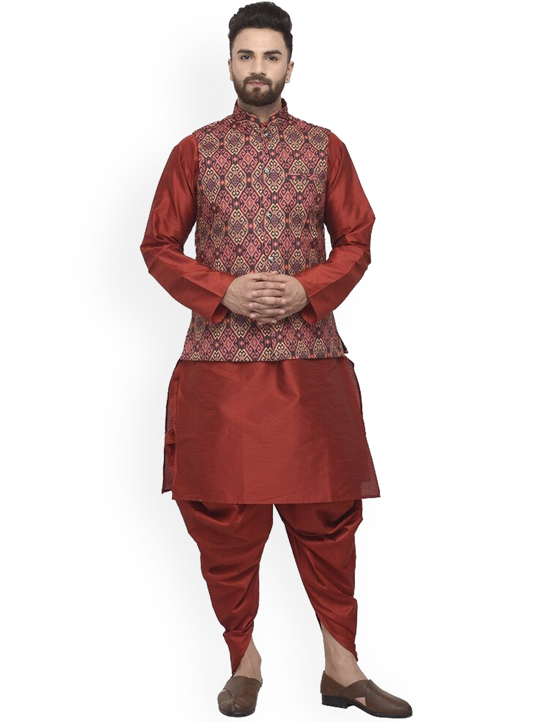 

Benstoke Men Maroon Floral Kurta with Dhoti Pants