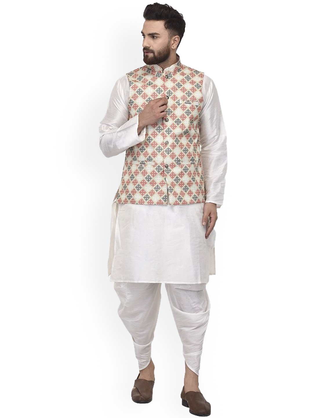 

Benstoke Men White Layered Kurta with Dhoti Pants