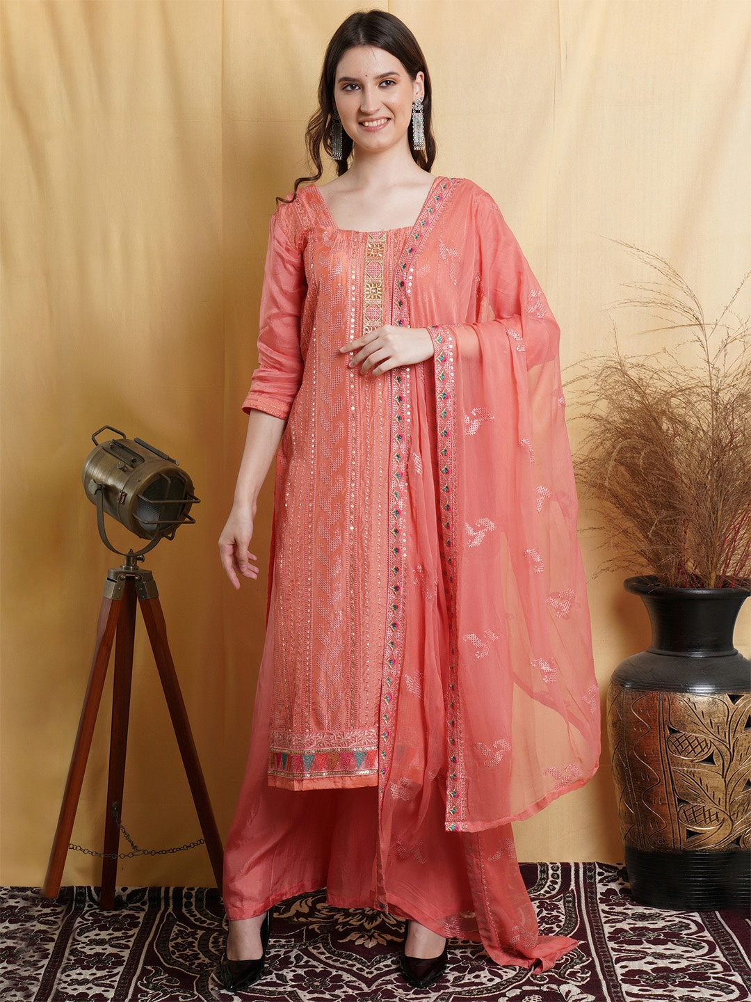 

Stylee LIFESTYLE Pink & Gold-Toned Unstitched Dress Material