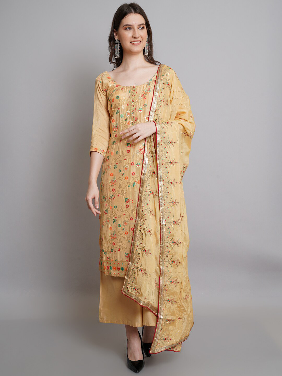 

Stylee LIFESTYLE Beige & Red Unstitched Dress Material
