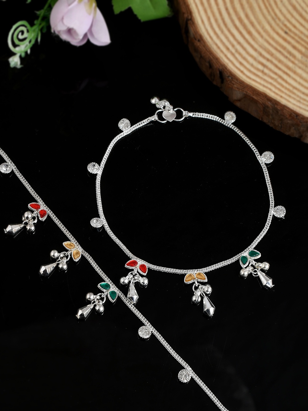 

Silvermerc Designs Set Of 2 Silver-Plated Green & Red Stone-Studded Anklets