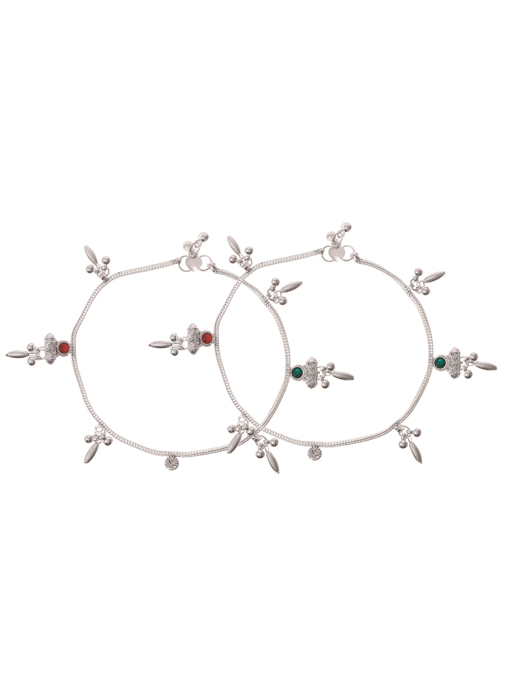 

Silvermerc Designs Set Of 2 Silver-Plated & Red Stone-Studded & beaded Anklets